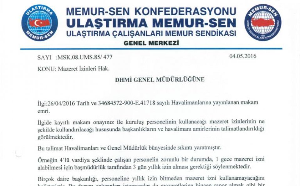 DHMİ GENEL MÜDÜRLÜĞÜNE MAZERET İZİNLERİ HAKKINDA YAZI YAZILMIŞDIR